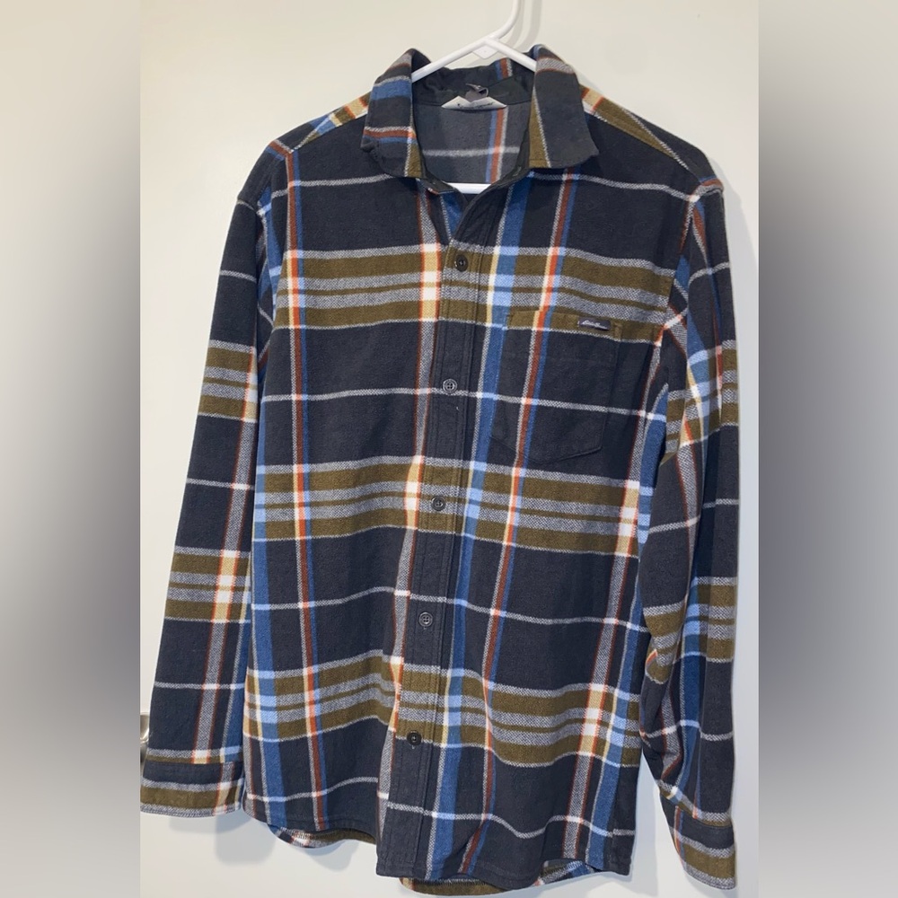 Plaid Button-Up Shirt in Grey, Blue, and Olive
